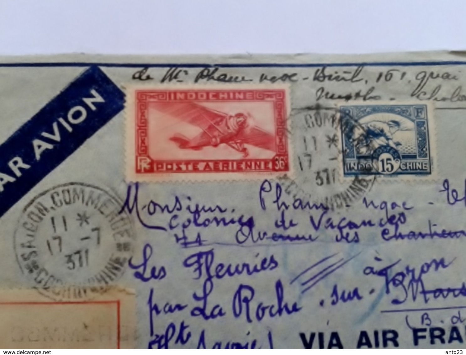 INDOCHINE Cochinchine VIETNAM 1937 SAIGON COMMERCE LETTRE RECOMMANDEE POUR LA FRANCE LA ROCHE SUR TORON - Storia Postale