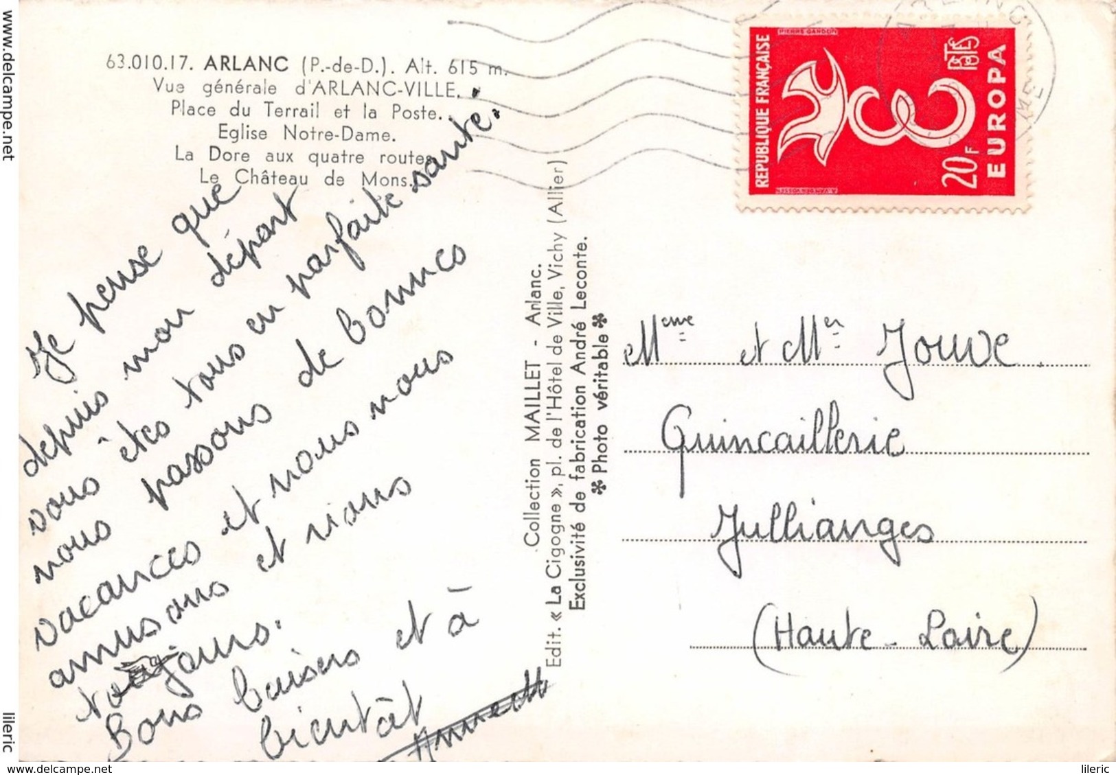 63 // SOUVENIR D'ARLANC - VUE GÉNÉRALE D'ARLANC-VILLE - COLLECTION MAILLET - TIMBRE EUROPA 20 FRS - Autres & Non Classés