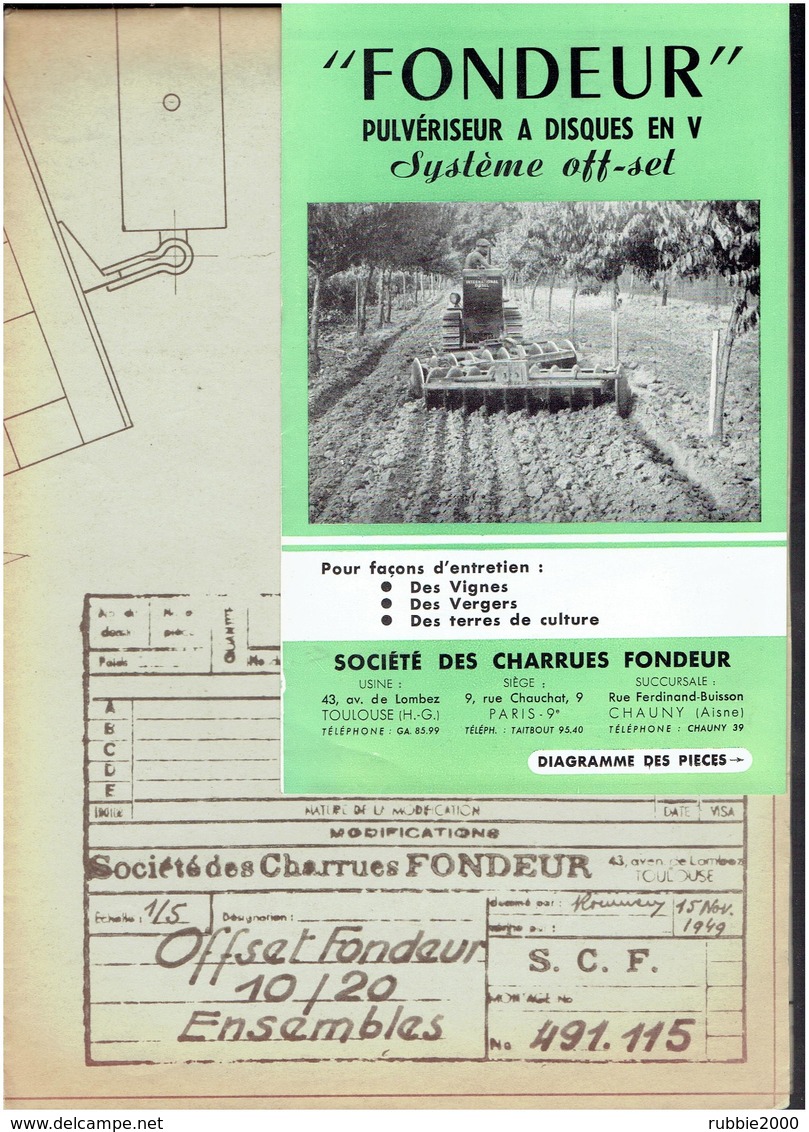 PLAN 1/5 ET DEPLIANT 1949 SOCIETE CHARRUES FONDEUR A TOULOUSE PULVERISATEUR OFF SET 10/20 - Tractors