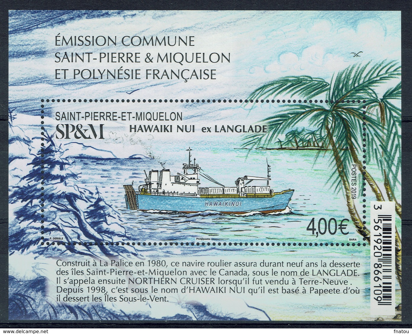 Saint Pierre And Miquelon, Ship Hawaiki Nui (formerly Langlade), 2019, MNH, Souvenir Sheet Of 1 - Unused Stamps