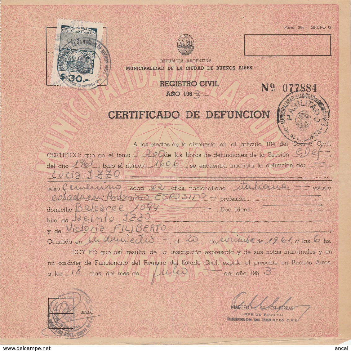 Argentina. 1963. Marca Municipale $ 30. - Su Certificato - Altri & Non Classificati