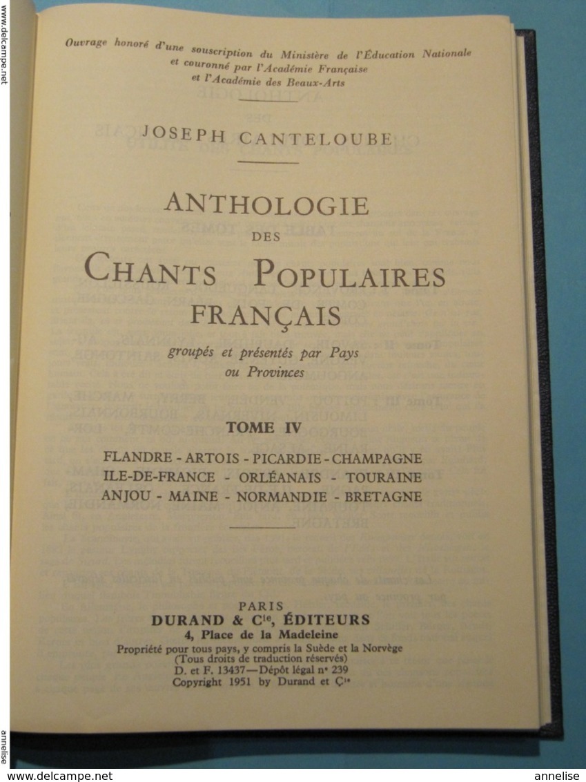 1951 4 Tomes Anthologie des chants populaires français Provinces françaises Etat neuf