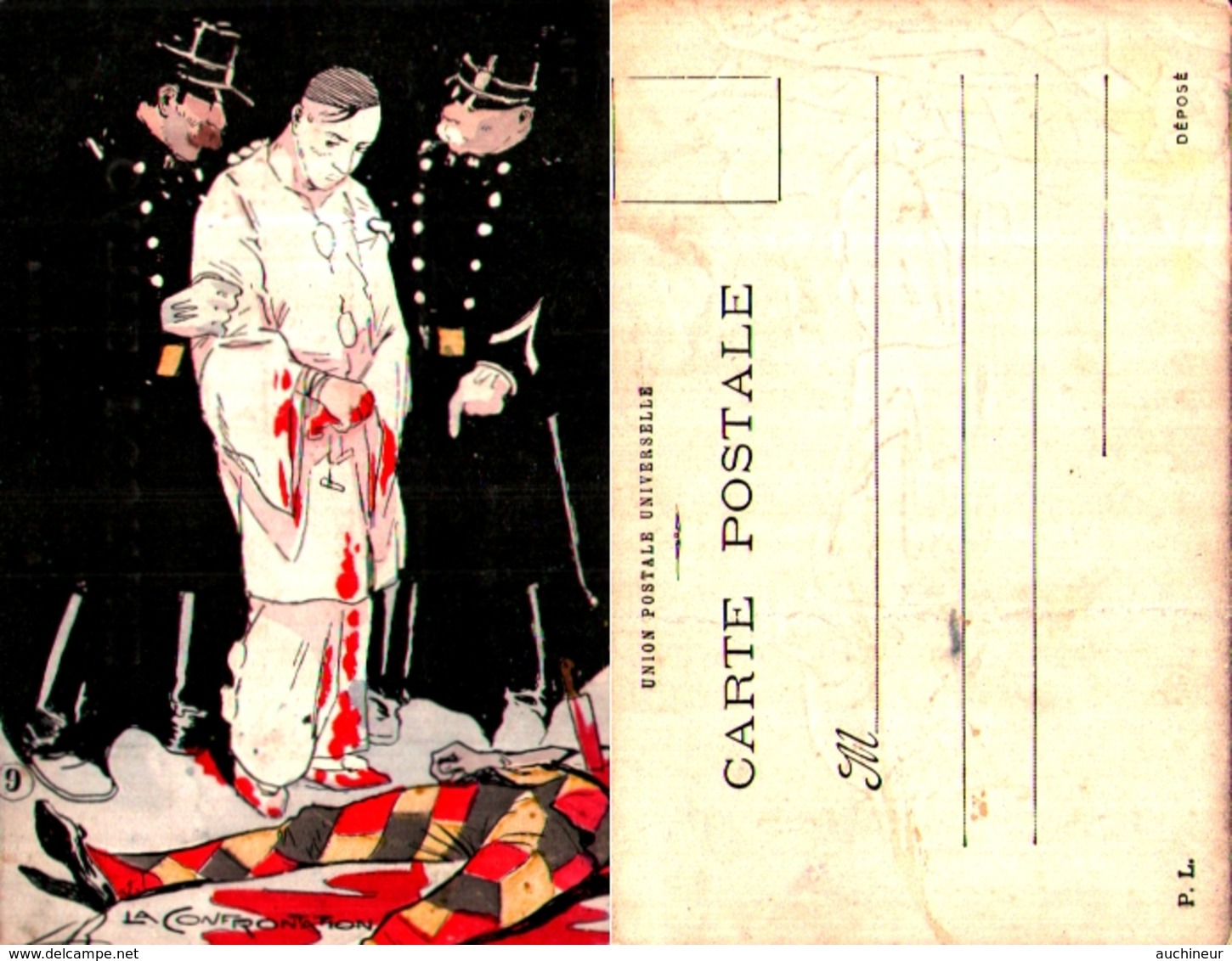Illustration Indéterminée, Signé LR La Confrontation, Gendarme Pierrot Assassin Arlequin - 1900-1949