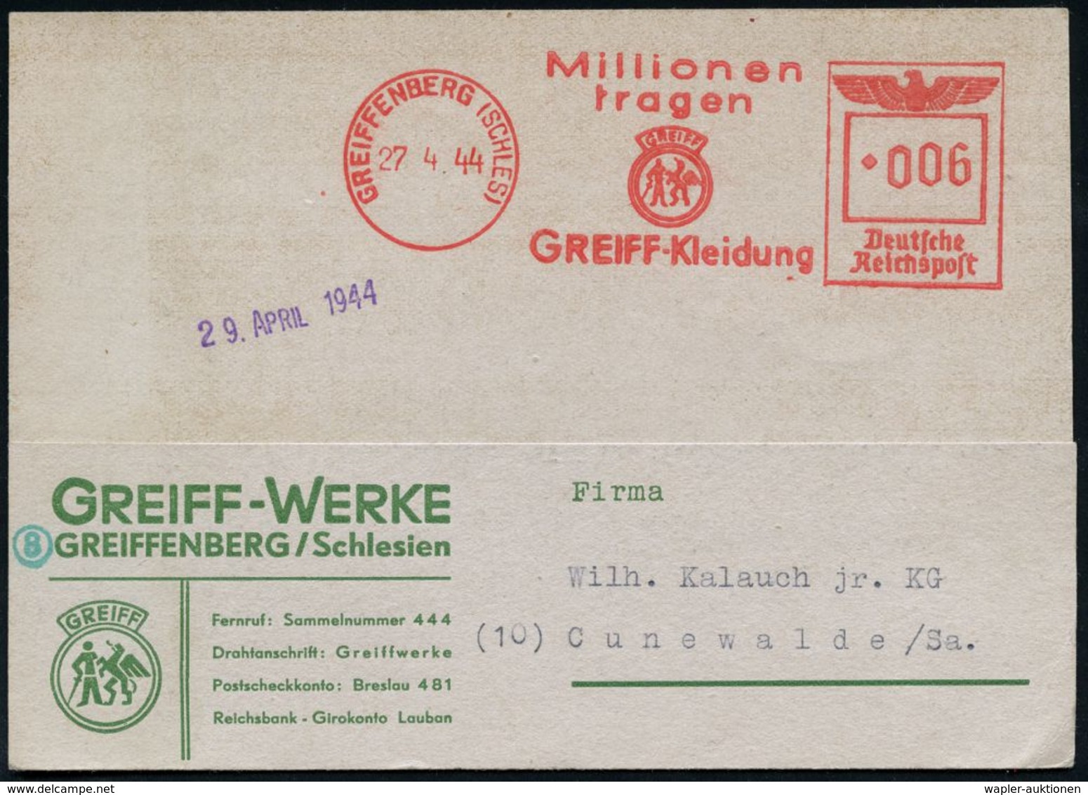 GRIECHISCHE & RÖMISCHE MYTHOLOGIE : GREIFFENBERG (SCHLESIEN)/ Millionen/ Tragen/ GREIFF-Kleidung 1944 (27.4.) AFS = Voge - Mythologie