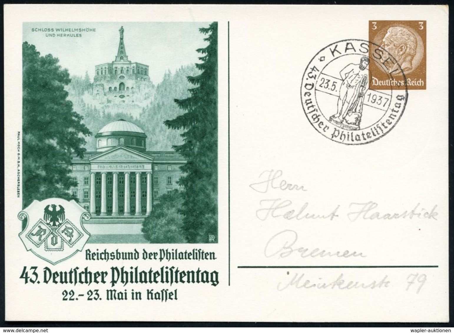 GRIECHISCHE & RÖMISCHE MYTHOLOGIE : KASSEL/ 43.Deutscher Philatel.Tag 1937 (23.5.) SSt = Herkules (mit Keule) Auf Passen - Mythologie