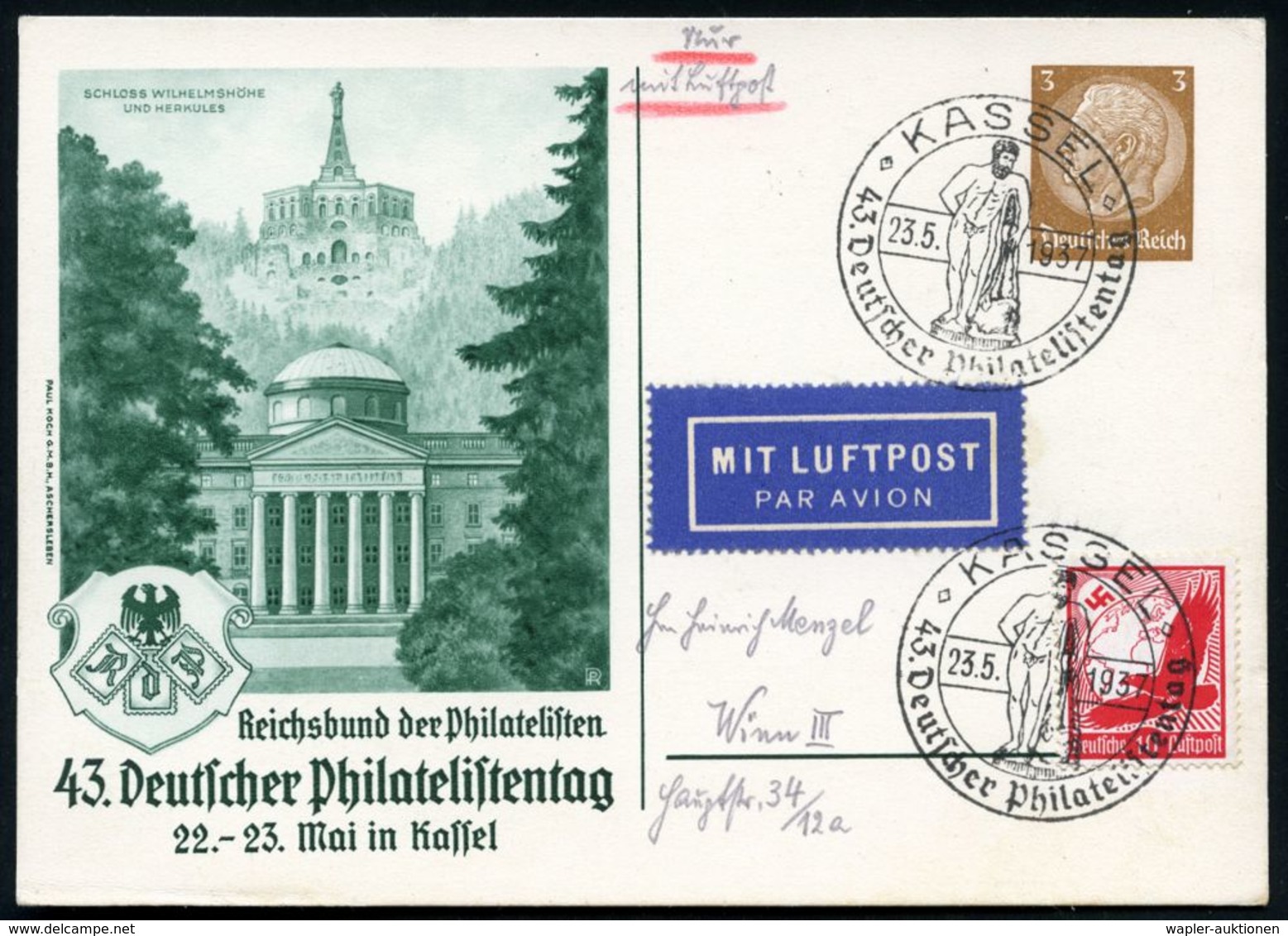 GRIECHISCHE & RÖMISCHE MYTHOLOGIE : KASSEL/ 43.Deutscher Philatelistentag 1937 (23.5.) SSt = Herkules Mit Keule Auf PP 3 - Mitologia