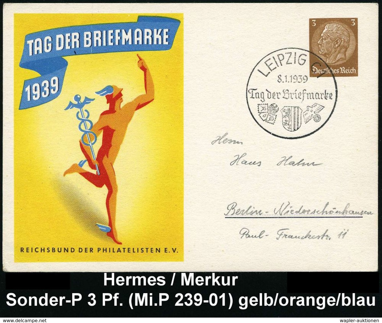 GRIECHISCHE & RÖMISCHE MYTHOLOGIE : LEIPZIG C1/ Tag Der Briefmarke 1939 (8.1.) SSt Auf Sonder-P. 3 Pf Hindenbg., Braun:  - Mitologia