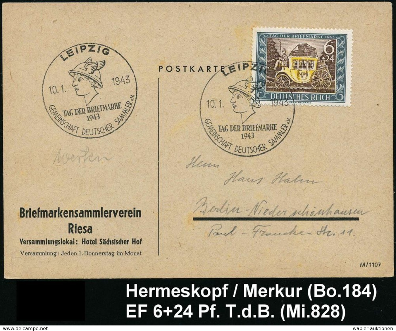 GRIECHISCHE & RÖMISCHE MYTHOLOGIE : LEIPZIG/ TAG DER BRIEFMARKE/ GDS 1943 (10.1.) SSt = Merkur-Kopf Auf Passender EF 6 + - Mitologia