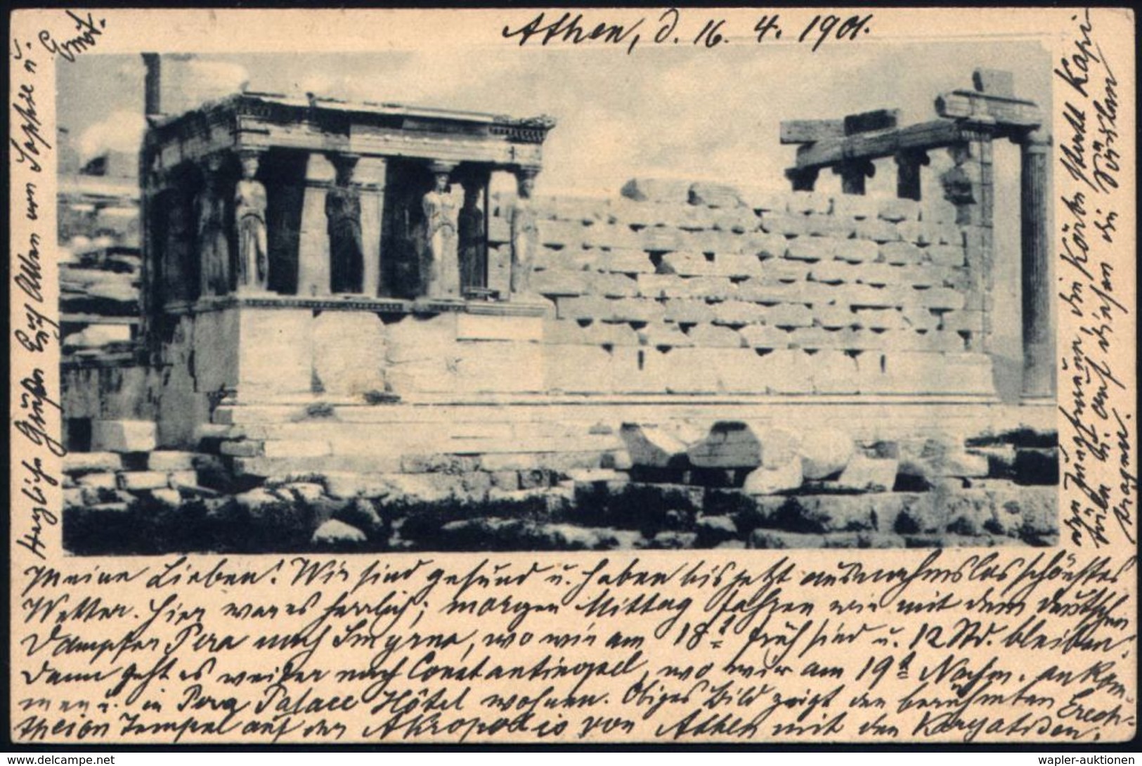 ANTIKES GRIECHENLAND : GRIECHENLAND 1901 (4.4.) 5 L. BiP Hermes, Oliv: Korenhalle Des Erechtheion + Zusatzfrank. 5 L. He - Archaeology