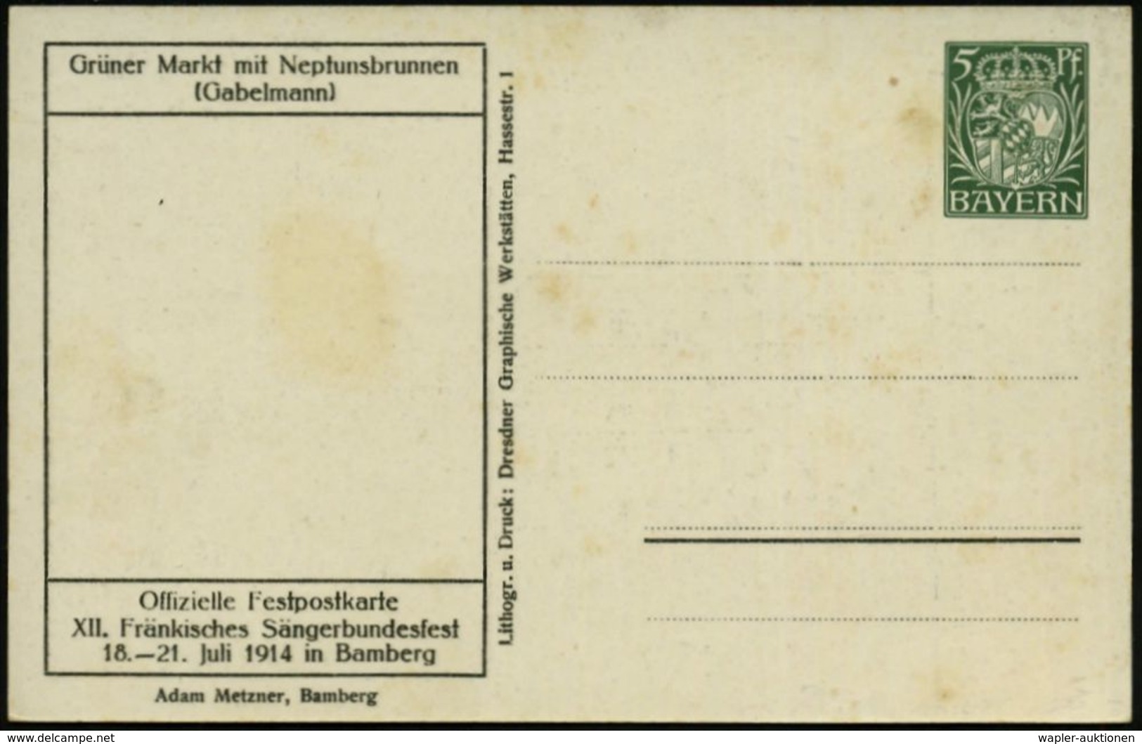 GRIECHISCHE & RÖMISCHE MYTHOLOGIE : Bamberg 1914 (Juli) PP 5 Pf. Hupp-Wappen, Grün: Grüner Markt Mit  N E P T U N - Brun - Mitologia