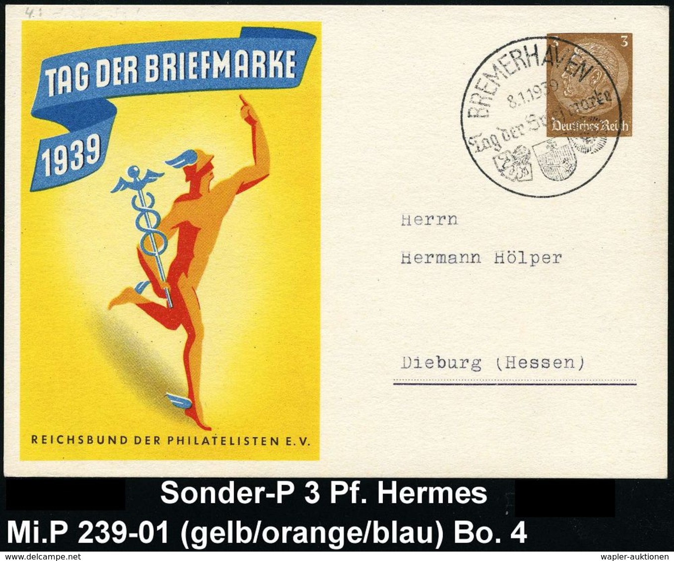 GRIECHISCHE & RÖMISCHE MYTHOLOGIE : BREMERHAVEN/ Tag D.Briefmarke 1939 (8.1.) SSt Aauf Sonder- P. 3 Pf. Hindenbg.: TAG D - Mythologie