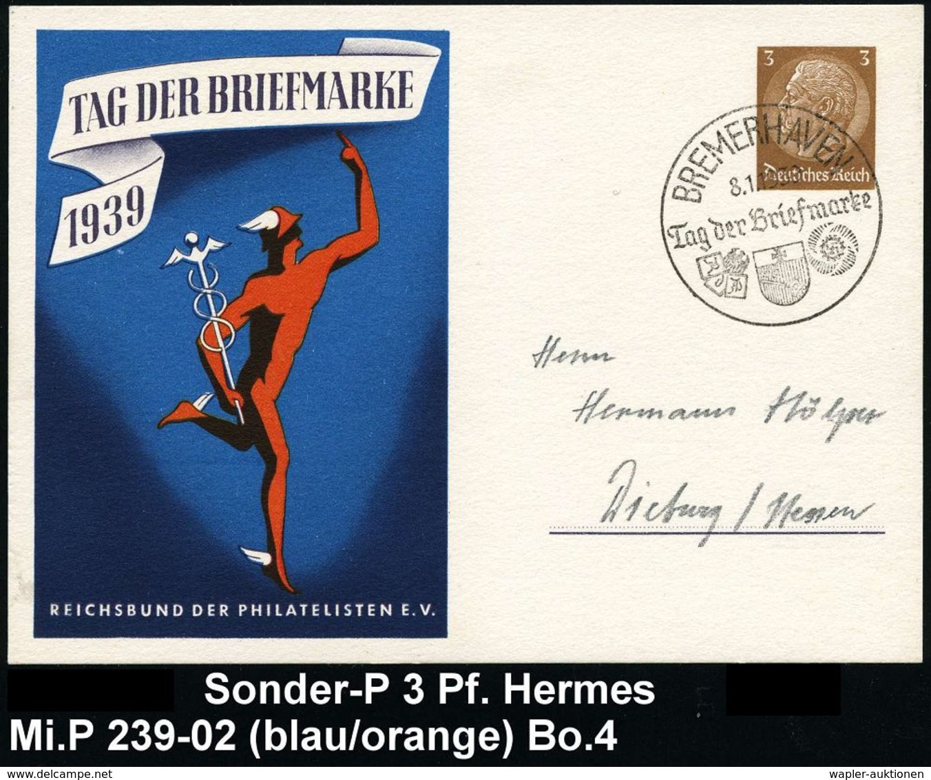 GRIECHISCHE & RÖMISCHE MYTHOLOGIE : BREMERHAVEN/ Tag Der Briefmarke 1939 (8.1.) SSt Auf Sonder-P 3 Pf. Hindenbg., Braun: - Mitologia