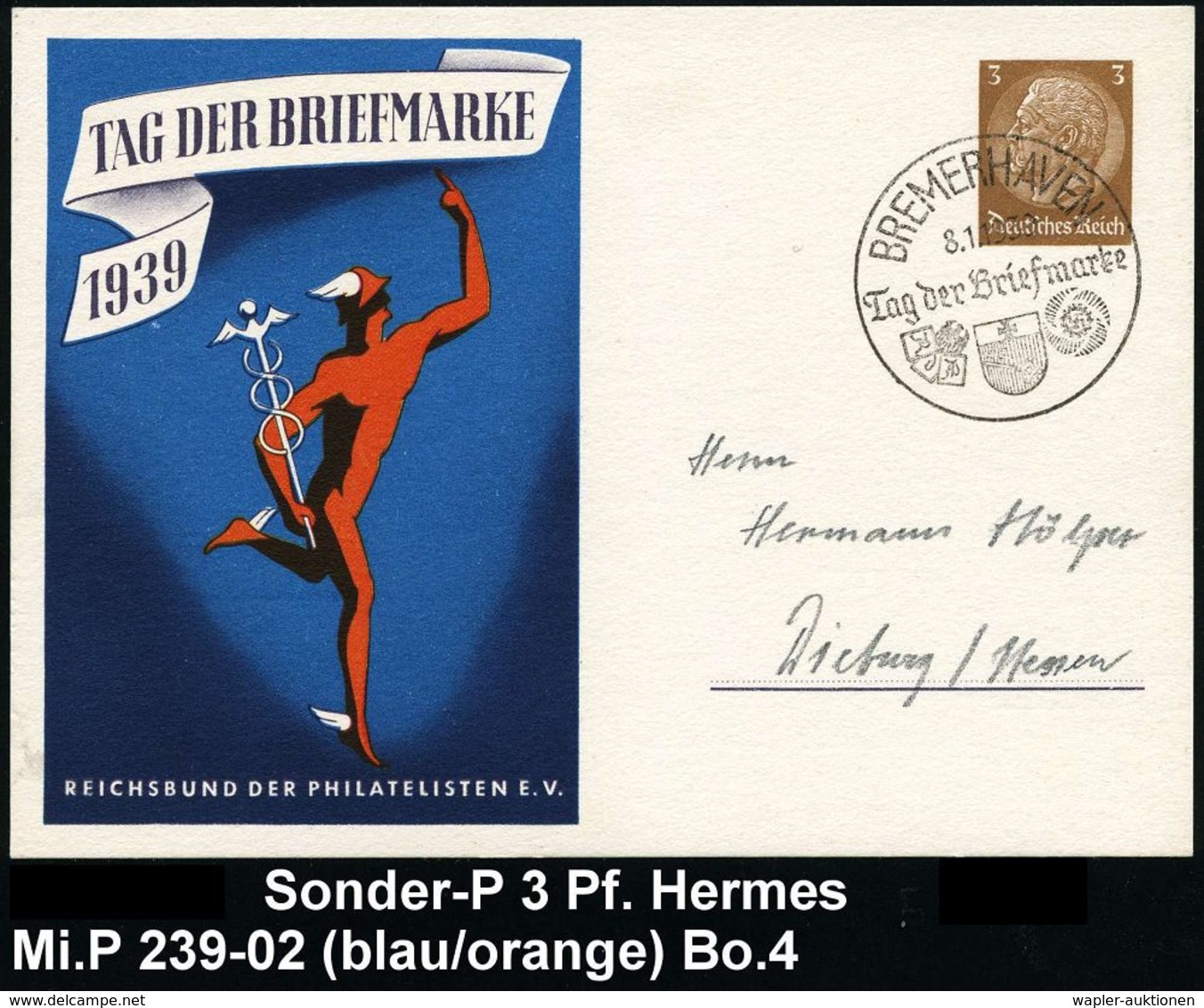 GRIECHISCHE & RÖMISCHE MYTHOLOGIE : BREMERHAVEN/ Tag Der Briefmarke 1939 (8.1.) SSt Auf Sonder-P 3 Pf. Hindenbg., Braun: - Mythologie
