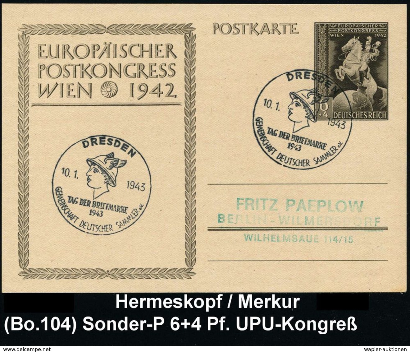 GRIECHISCHE & RÖMISCHE MYTHOLOGIE : DRESDEN/ TAG DER BRIEFMARKE/ GDS 1943 (10.1.) SSt = Merkur-Kopf Auf Sonder-P. 6 + 4  - Mythologie