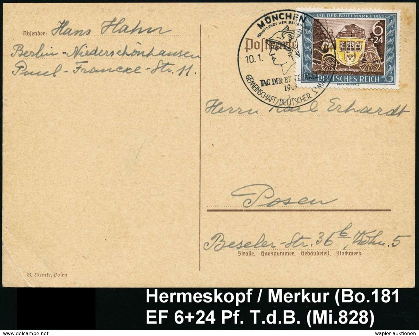 GRIECHISCHE & RÖMISCHE MYTHOLOGIE : MÜNCHEN/ HDB/ TAG DER BRIEFMARKE/ GDS 1943 (10.1.) SSt = Merkurkopf Auf EF 6 + 24 Pf - Mythologie