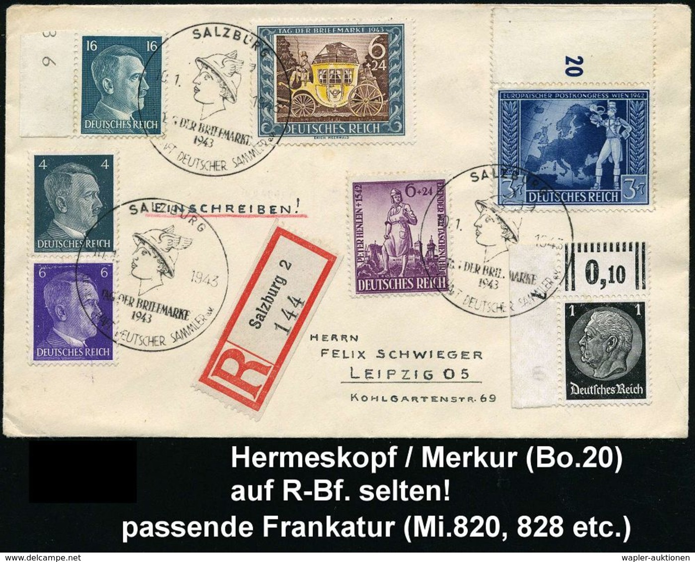 GRIECHISCHE & RÖMISCHE MYTHOLOGIE : SALZBURG/ TAG DER BRIEFMARKE/ GDS 1943 (10.1.) SSt = Merkur-Kopf 3x Auf 6 + 24 Pf. T - Mythology