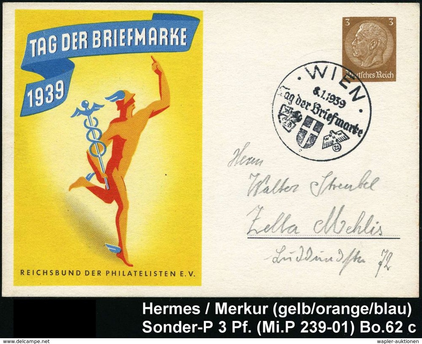 GRIECHISCHE & RÖMISCHE MYTHOLOGIE : WIEN/ C/ Tag Der Briefmarke 1939 (8.1.) SSt Auf Passender Sonder-P. 3 Pf. Hindenbg., - Mythologie
