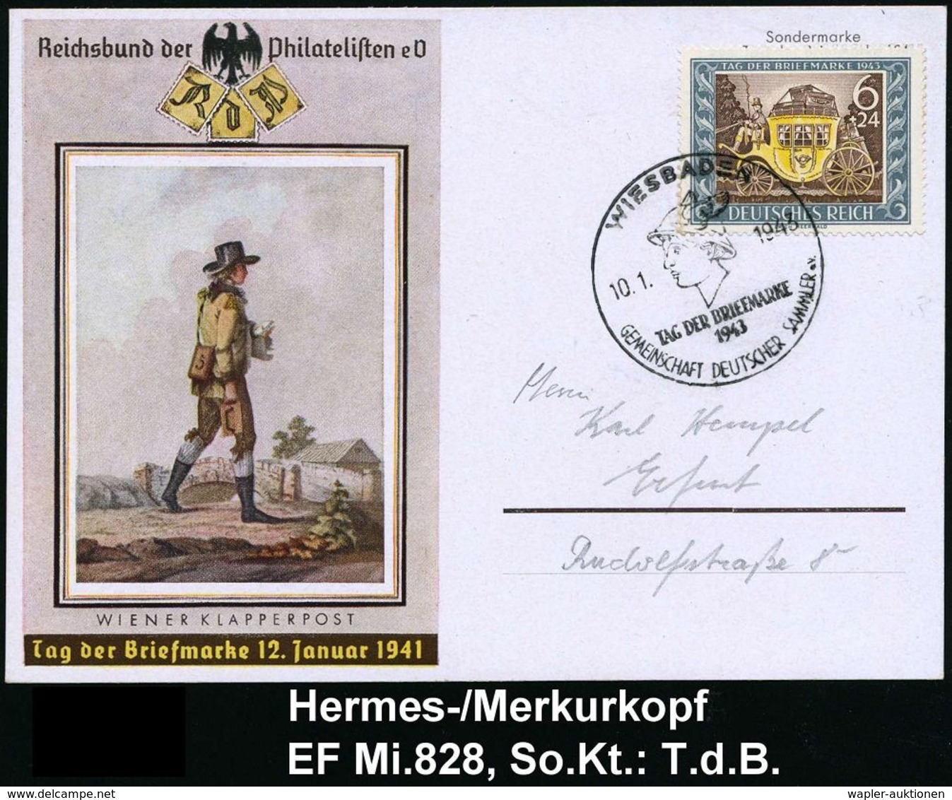 GRIECHISCHE & RÖMISCHE MYTHOLOGIE : WIESBADEN/ TAG DER BRIEFMARKE/ GDS 1943 (10.1.) SSt = Merkur-Kopf Auf Passender EF 6 - Mythologie