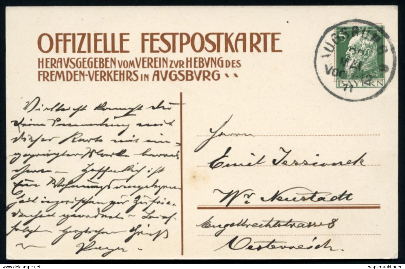 RÖMER / RÖMISCHE GESCHICHTE & KULTUR : AUGSBURG 6 1911 (Mai) 1K Auf PP 5 Pf. Luitpold, Grün: "GROSSTATDTFEIER AVGSBVRG"  - Archéologie