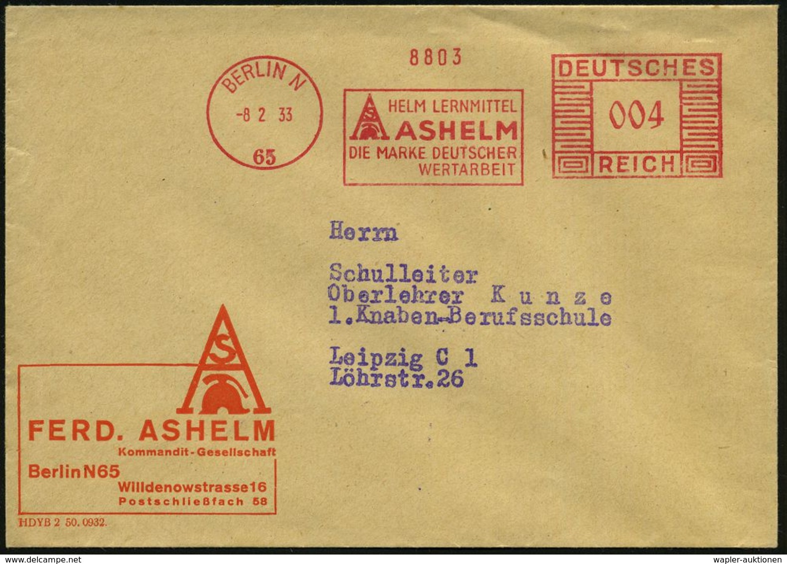 RÖMER / RÖMISCHE GESCHICHTE & KULTUR : BERLIN N/ 65/ HELM LERNMITTEL/ ASHELM.. 1933 (8.2.) AFS = Logo Mit Römischem Helm - Archaeology