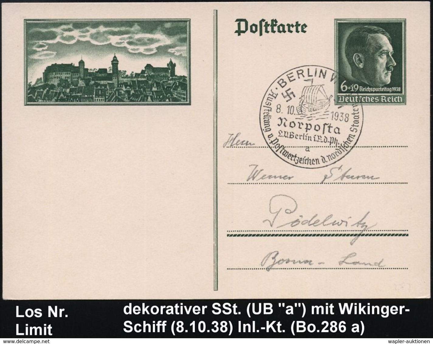 WIKINGER : BERLIN W50/ Norposta../ A/ Ausstellung V.Postwertzeichen Der Nordischen Staaten 1938 (8.10.) SSt = Wikingersc - Other & Unclassified