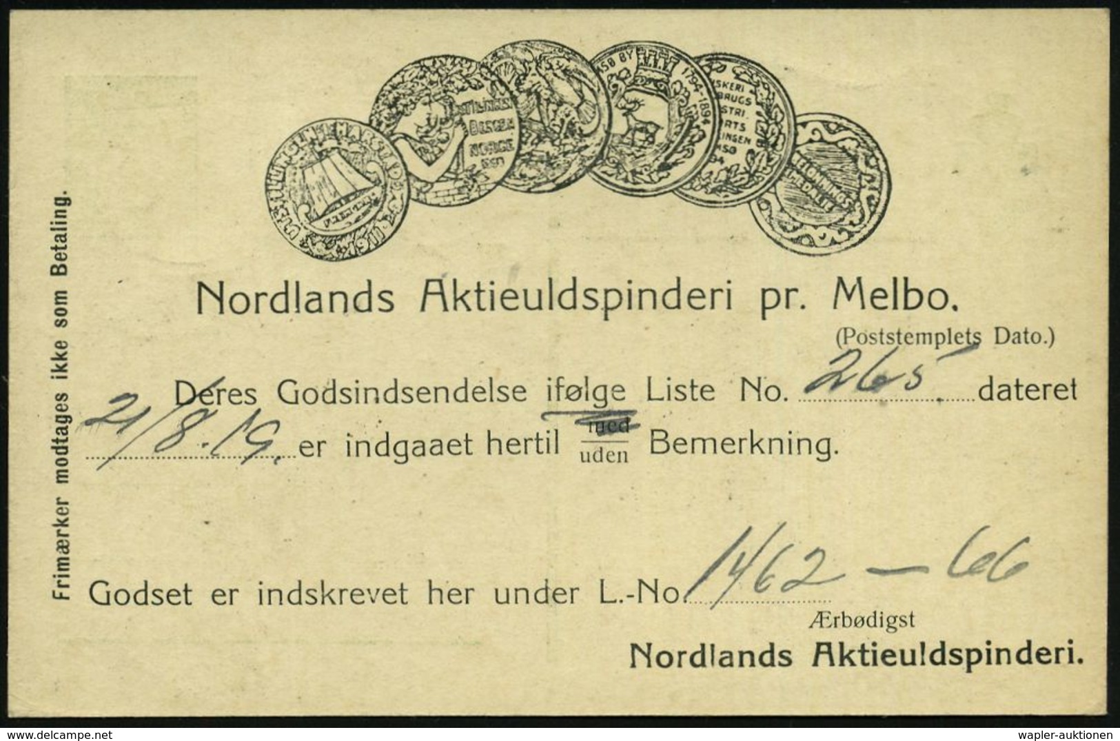 WIKINGER : NORWEGEN 1915 (Okt.) Reklame-PP 5 Ö. Posthorn, Grün: Nordlands Aktieuldspinederi Pr. Melbo.. (div. Medaillen  - Other & Unclassified