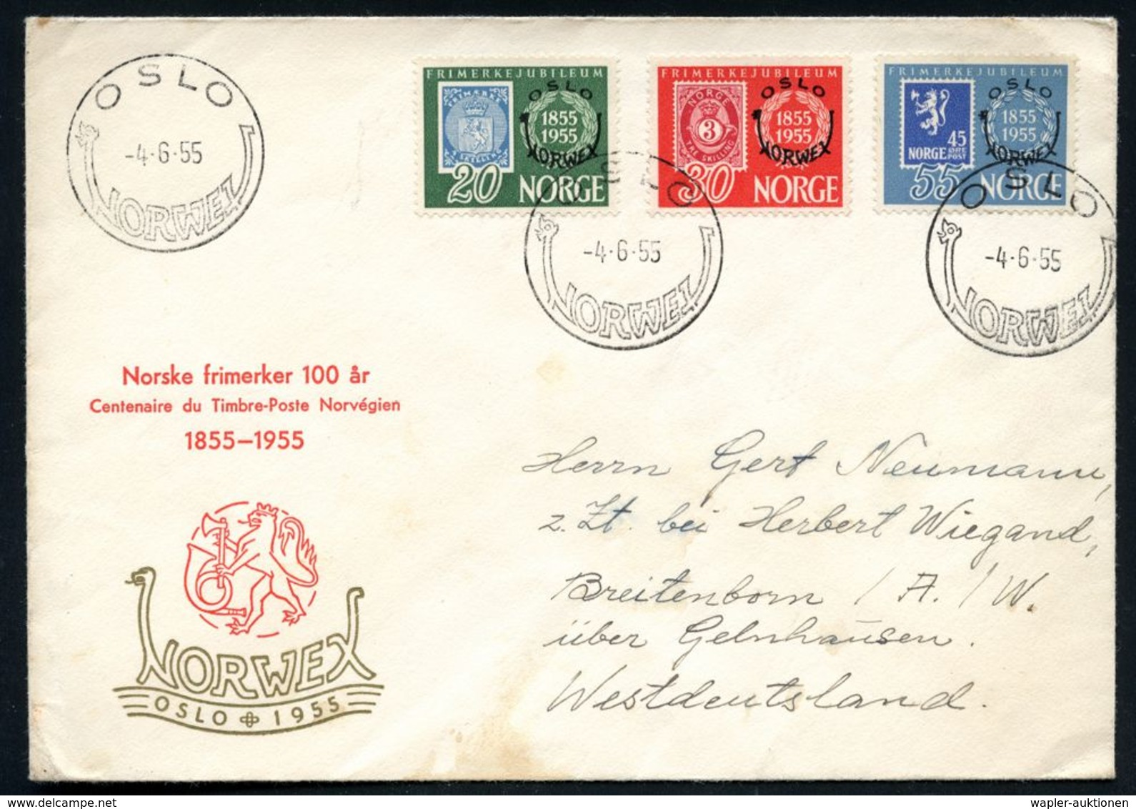 WIKINGER : NORWEGEN 1955 (4.6.) "100 Jahre Norweg. Briefmarken", Kompl. Satz Mit "NORWEX"-Aufdr. = Stilis. Wikingerschif - Other & Unclassified