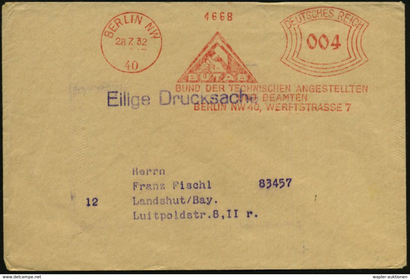 ARCHITEKTUR / ARCHITEKTEN / BAUSTILE : BERLIN NW/ 40/ BUTAB/ BUND DER TECHNISCHEN ANGESTELLTEN/ U.BEAMTEN.. 1932 (28.7.) - Altri & Non Classificati