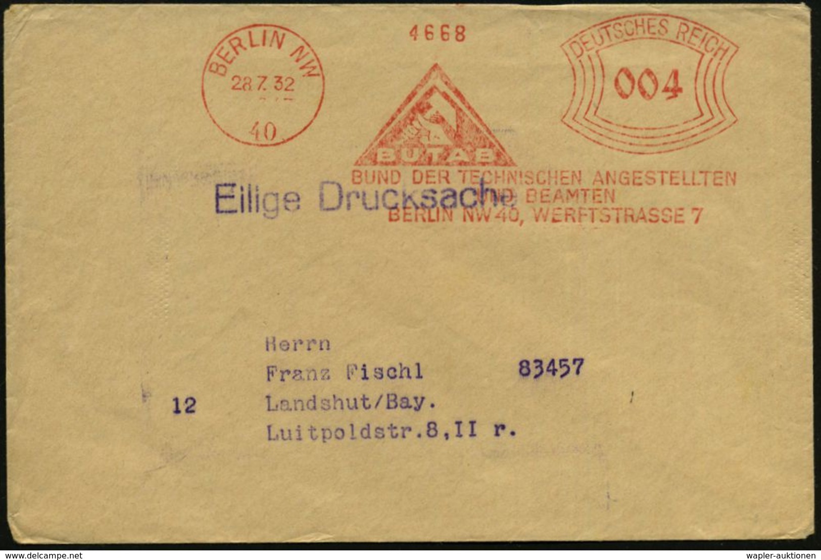 ARCHITEKTUR / ARCHITEKTEN / BAUSTILE : BERLIN NW/ 40/ BUTAB/ BUND DER TECHNISCHEN ANGESTELLTEN/ U.BEAMTEN.. 1932 (28.7.) - Autres & Non Classés