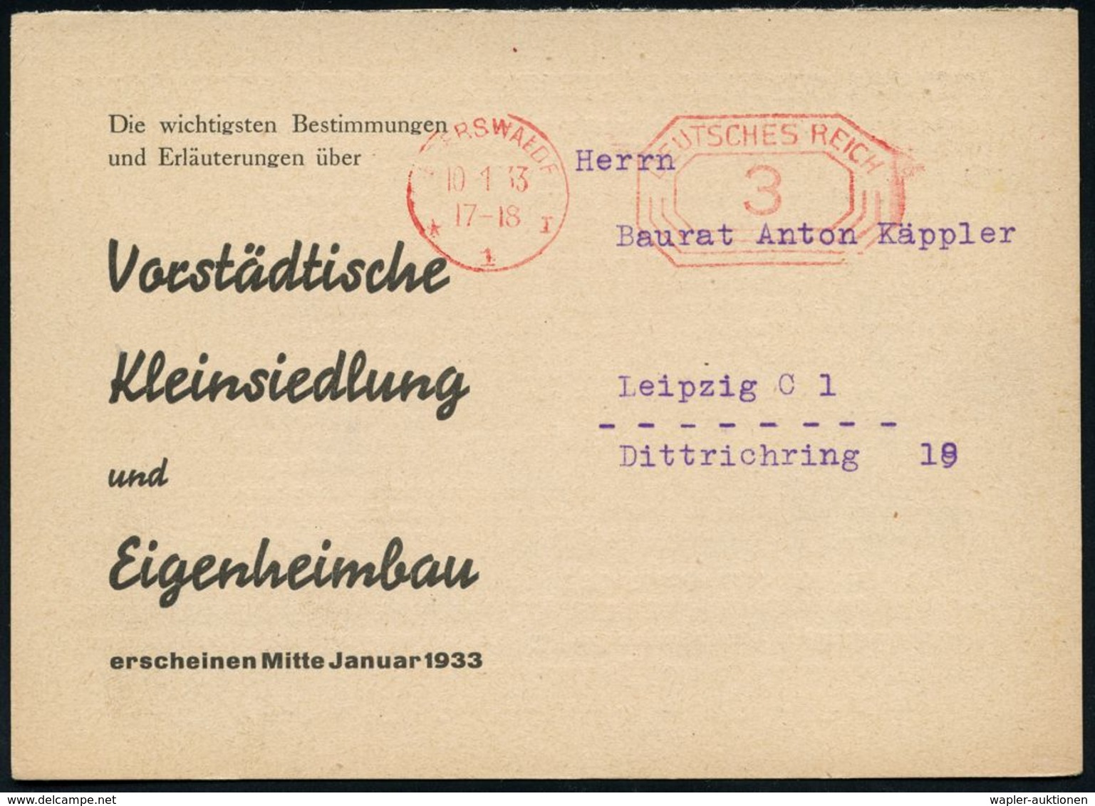 ARCHITEKTUR / ARCHITEKTEN / BAUSTILE : EBERSWALDE/ *1I/ DEUTSCHES REICH 1933 (10.1.) PFS 3 Pf. Achteck Auf (halber) Rekl - Autres & Non Classés