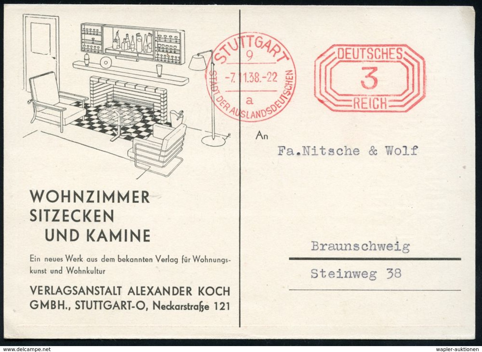 ARCHITEKTUR / ARCHITEKTEN / BAUSTILE : STUTTGART/ 9/ A/ SDA/ DEUTSCHES/ REICH 1938 (7.1.) PFS 3 Pf. Achteck Auf Monochro - Autres & Non Classés