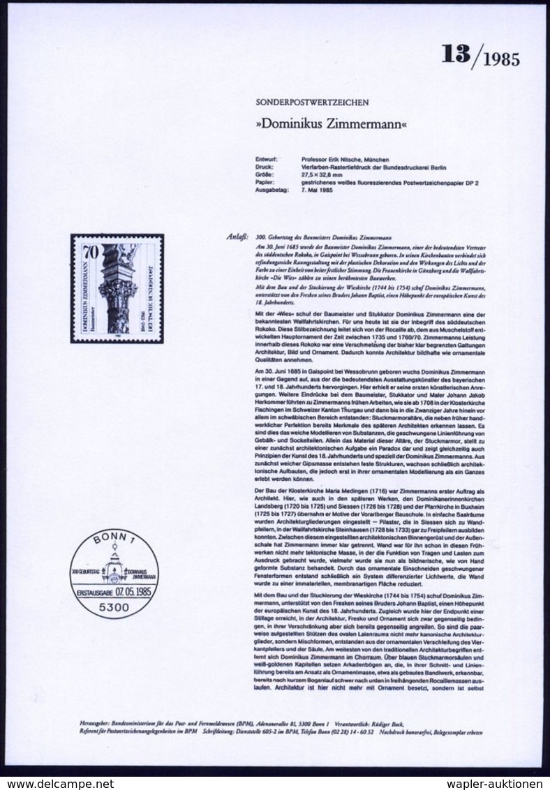 ARCHITEKTUR / ARCHITEKTEN / BAUSTILE : B.R.D. 1985 70 Pf. "300. Geburtstag Dominikus Zimmermann" Mit Amtl. Handstempel   - Altri & Non Classificati