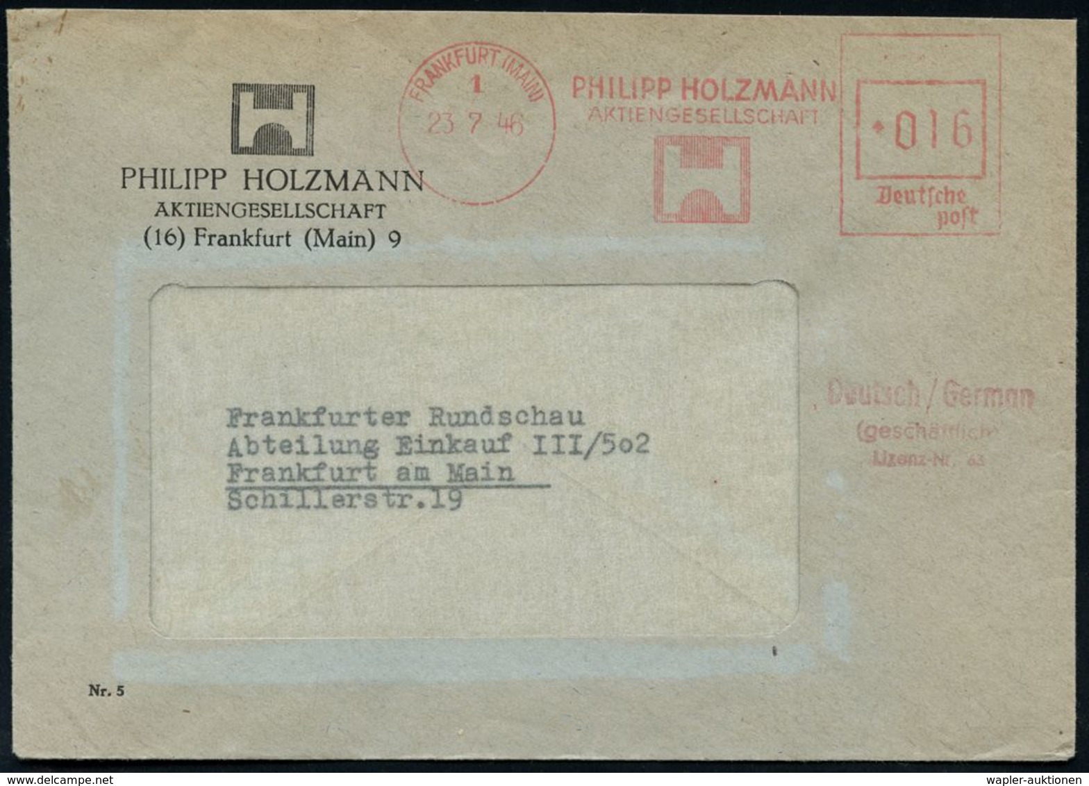 BAUSTOFFE / BAUGERÄTE & -MASCHINEN : FRANKFURT (MAIN)/ 1/ PHILIPP HOLZMANN/ AG 1946 (23.7.) Aptierter AFS = NS-Adler U.  - Other & Unclassified