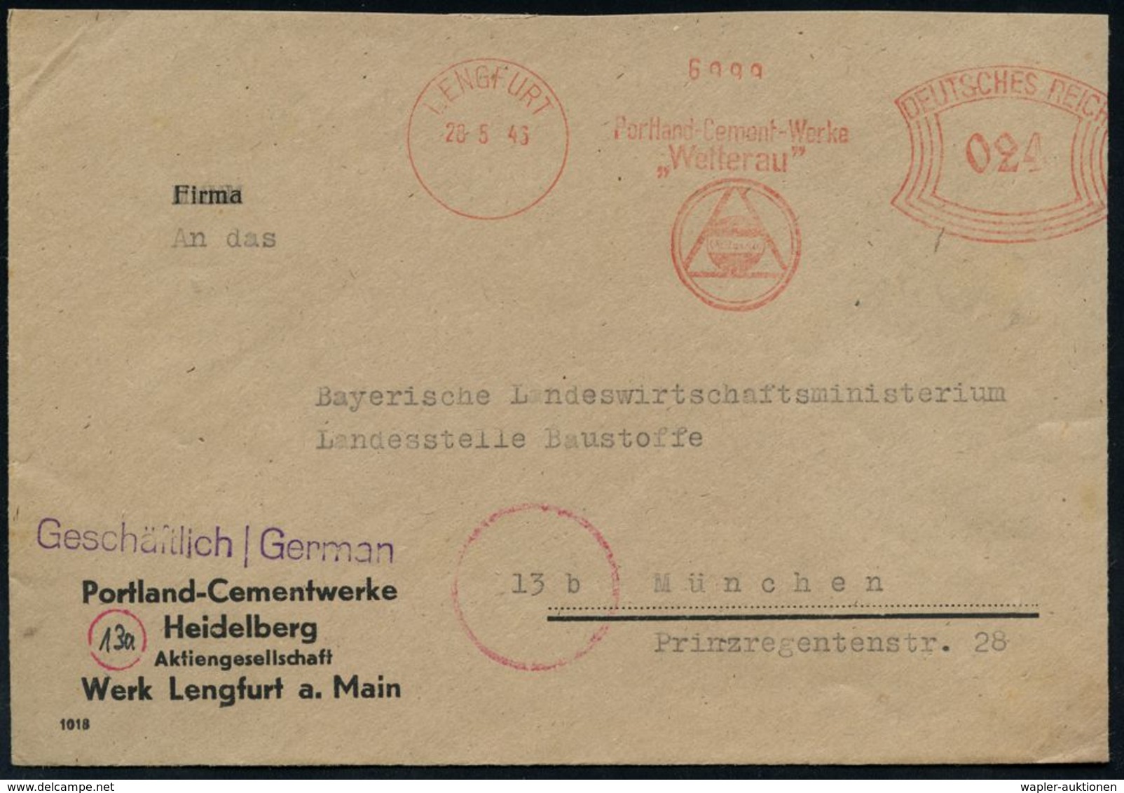 BAUSTOFFE / BAUGERÄTE & -MASCHINEN : LENGFURT/ Portland-Cementwerke/ "Wetterau" 1946 (28.5.) Seltener AFS "Bogenrechteck - Other & Unclassified