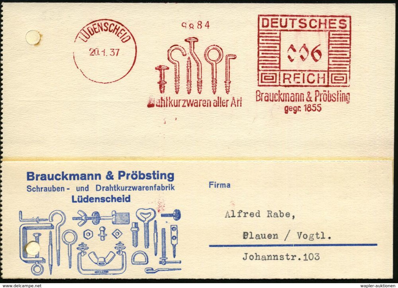 BAUSTOFFE / BAUGERÄTE & -MASCHINEN : LÜDENSCHEID/ Drahtkurzwaren Aller Art/ Brauckmann & Pröbsting/ Gegr.1855 1937 (20.1 - Autres & Non Classés