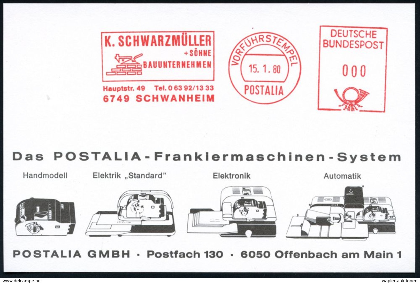 BAUSTOFFE / BAUGERÄTE & -MASCHINEN : 6749 SCHWANHEIM 1980 (15.1.) AFS.: VORFÜHRSTEMPEL/POSTALIA/K. SCHWARZMÜLLR.. BAUUNT - Autres & Non Classés