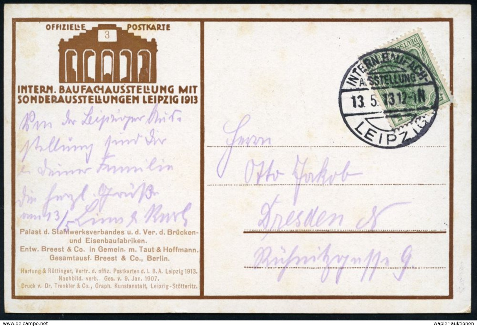 ARCHITEKTUR- & BAU-AUSSTELLUNGEN : LEIPZIG/ INTERN.BAUFACH-/ AUSSTELLUNG 1913 (13.5.) SSt Auf Color-Litho-Künstler-Ausst - Autres & Non Classés
