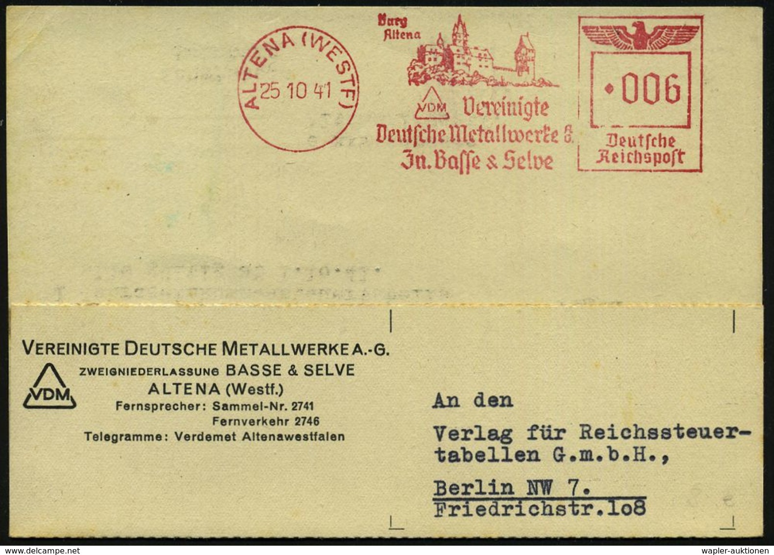 BURGEN / SCHLÖSSER / FESTUNGEN : ALTENA (WESTF)/ VDM Vereinigte/ Deutsche Metallwerke AG.. 1941 (25.10.) AFS = Burg Alte - Castelli