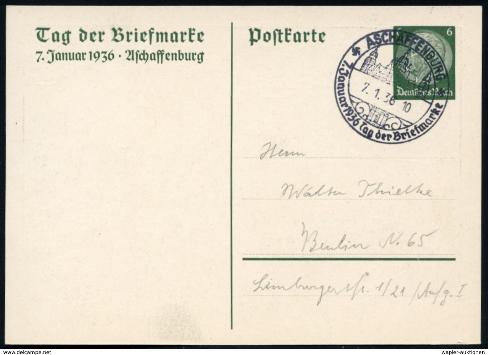 BURGEN / SCHLÖSSER / FESTUNGEN : ASCHAFFENBURG/ Tag D.Briefmarke 1936 (7.1.) SSt = Renaissanceschloß + Tagesstpl. (6.1.) - Châteaux