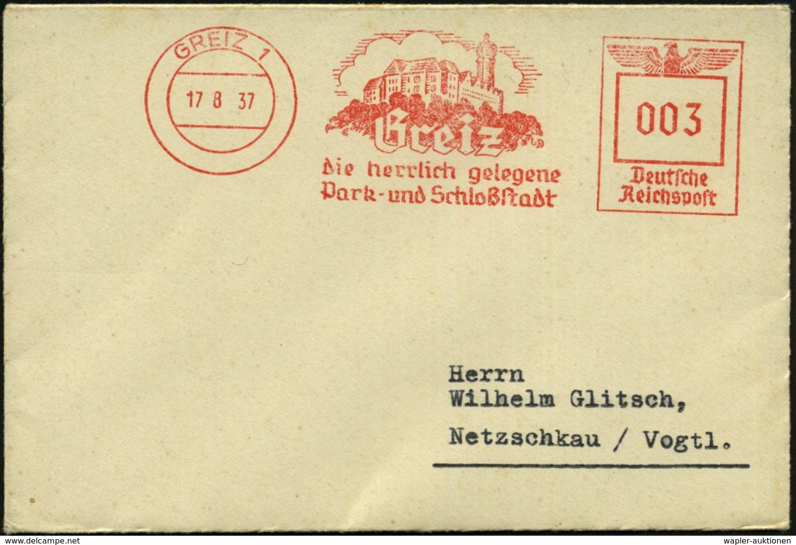 BURGEN / SCHLÖSSER / FESTUNGEN : GREIZ/ Die Herrlich Gelegene/ Park-u.Schloßstadt 1937 (17.8.) AFS = Oberes Schloß , Kla - Schlösser U. Burgen