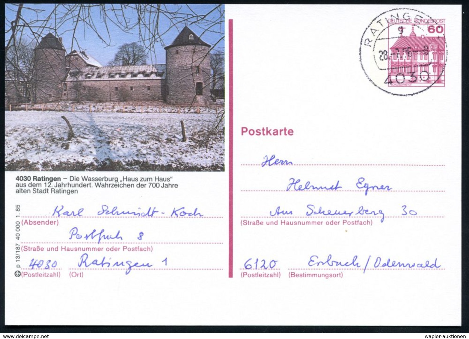BURGEN / SCHLÖSSER / FESTUNGEN : 4030 RATINGEN 1/ G 1985 (28.7.) 1K Auf Ortsgl. BiP 60 Pf. Burgen: 4030 Ratingen - Die W - Castelli