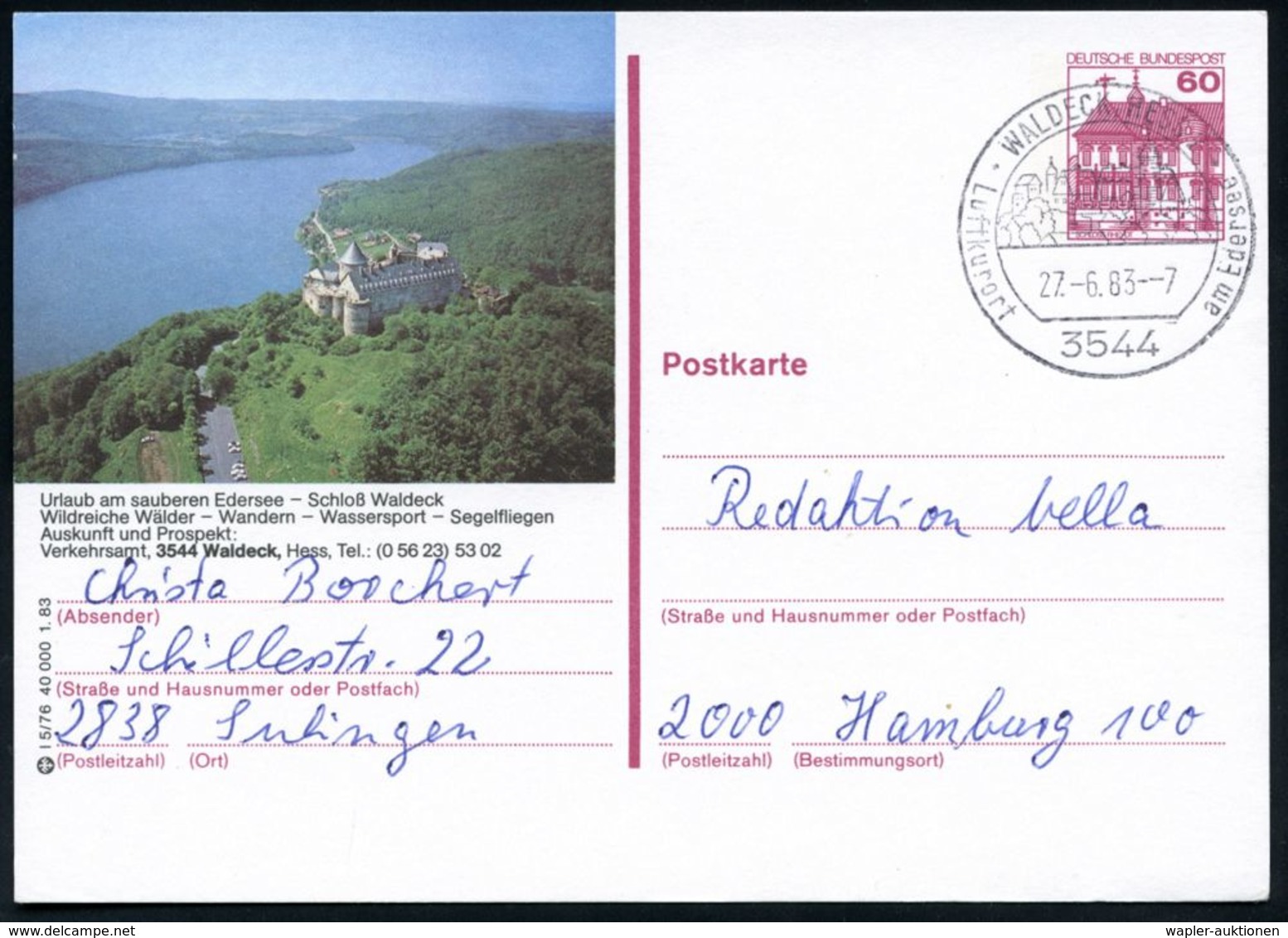 BURGEN / SCHLÖSSER / FESTUNGEN : 3544 WALDECK,HESSEN/ Luftkurort Am Edersee 1983 (27.6.) HWSt = Schloß Waldeck Auf Motiv - Castles