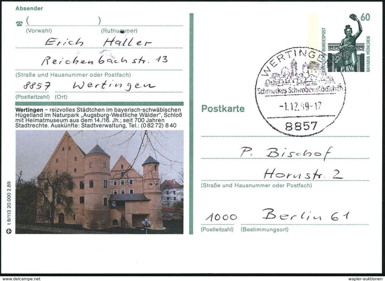 BURGEN / SCHLÖSSER / FESTUNGEN : 8857 WERTINGEN/ Schmuckes Schwabenstädtchen 1989 (1.12.) HWSt = Ort Mit Schloß Auf Orts - Châteaux