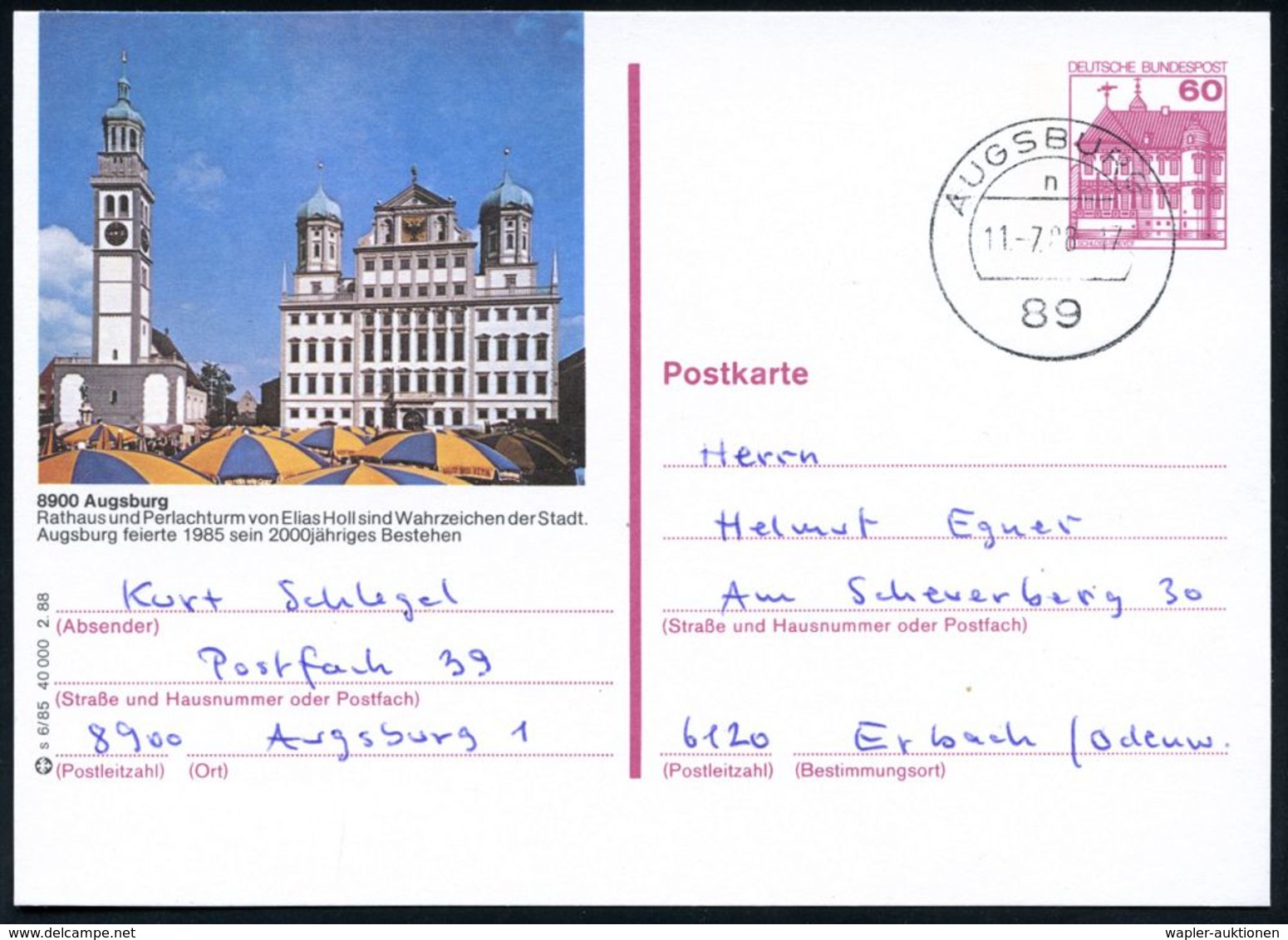 BERÜHMTE BAUWERKE & MONUMENTE : 89 AUGSBURG 1/ N 1988 (11.7.) 1K A. Ortsgl. BiP 60 Pf. Burgen: 8900 Augsburg/Rathaus U.P - Denkmäler