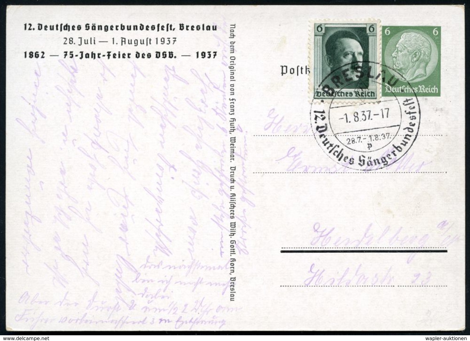 BERÜHMTE BAUWERKE & MONUMENTE : BRESLAU/ 12.Deutsches Sängerbundesfest 1937 (29.7.) SSt. Auf Passender PP 6 Pf. Hindenbg - Denkmäler