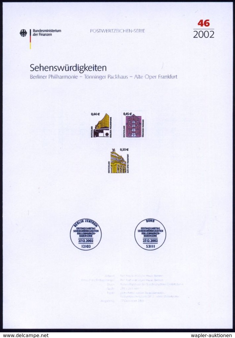 BERÜHMTE BAUWERKE & MONUMENTE : B.R.D. 2002 (Dez.) Bauwerke, 44 C. Philharmonie (Berlin), 45 C. Tönninger Packhaus U. 55 - Denkmäler