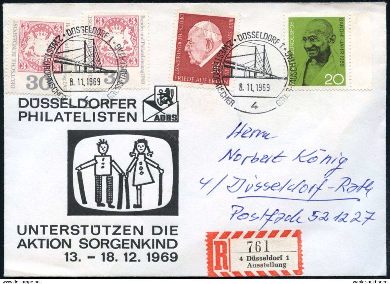 BRÜCKEN : 4 DÜSSELDORF 1/ 2.WESTEUROP.GROSS-TAUSCHTAG 1969 (8.11.) SSt = Oberkasseler Rheinbrücke 2x + Sonder-RZ: 4 Düss - Brücken