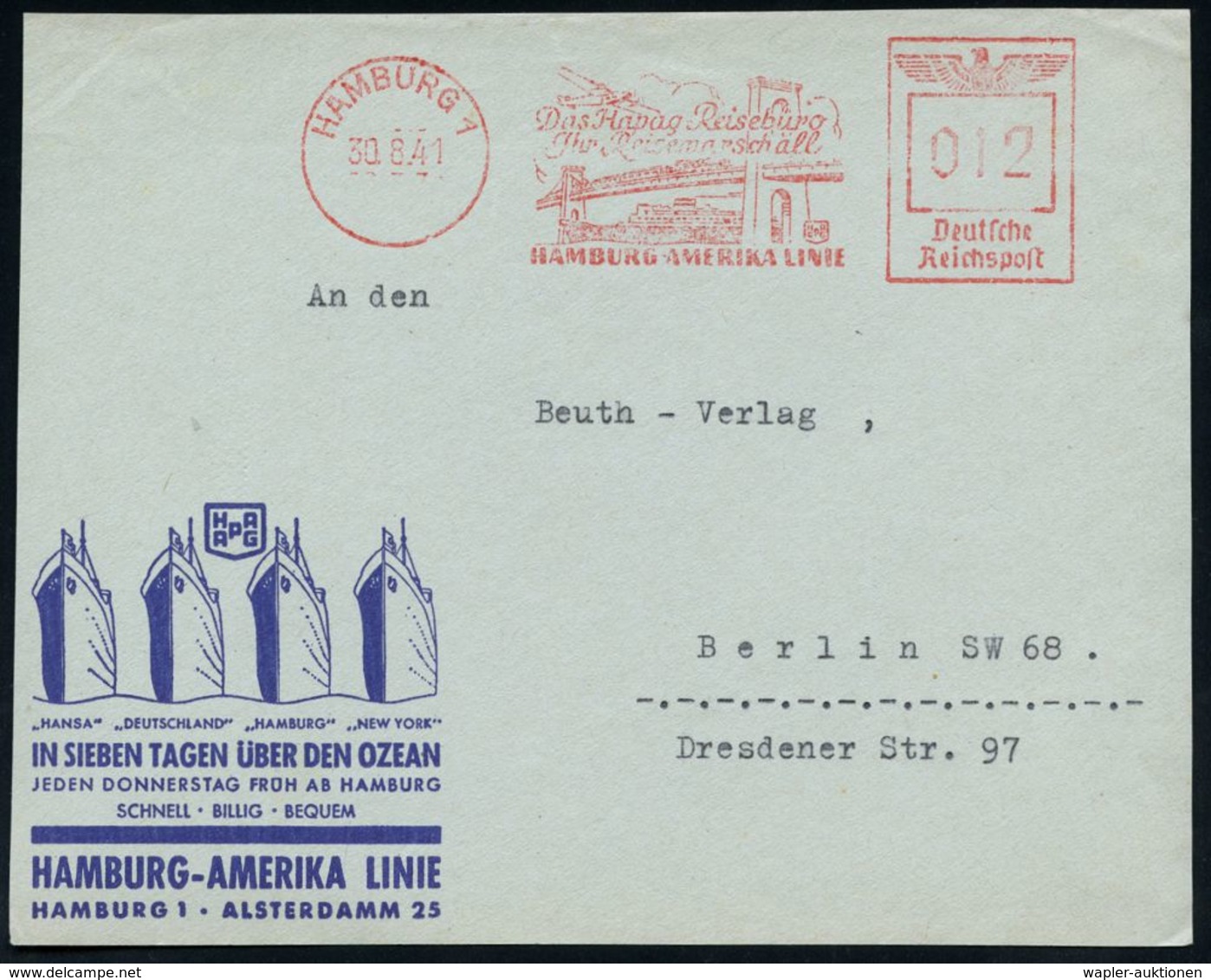 BRÜCKEN : HAMBURG 1/ Das Hapag Reisebüro../ HAMBURG-AMERIKA-LINIE 1941 (30.8.) AFS = Brooklyn-Bridge, New York (mit Deut - Bridges