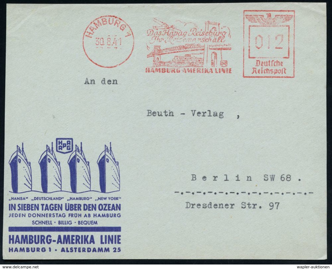 BRÜCKEN : HAMBURG 1/ Das Hapag Reisebüro../ HAMBURG-AMERIKA-LINIE 1941 (30.8.) AFS = Brooklyn-Bridge, New York (mit Deut - Ponts