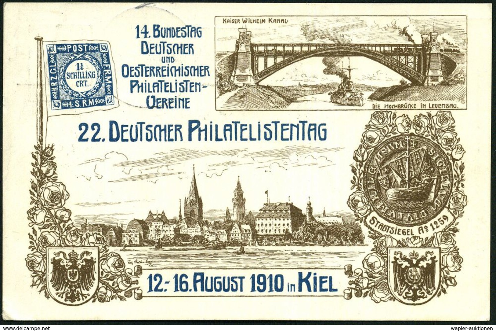 BRÜCKEN : KIEL/ XXII./ DT./ PHILATELISTENTAG/ ** 1910 (12.8.) Seltener FaSSt (je 4 Striche) Glasklar Auf PP 5 Pf. German - Brücken